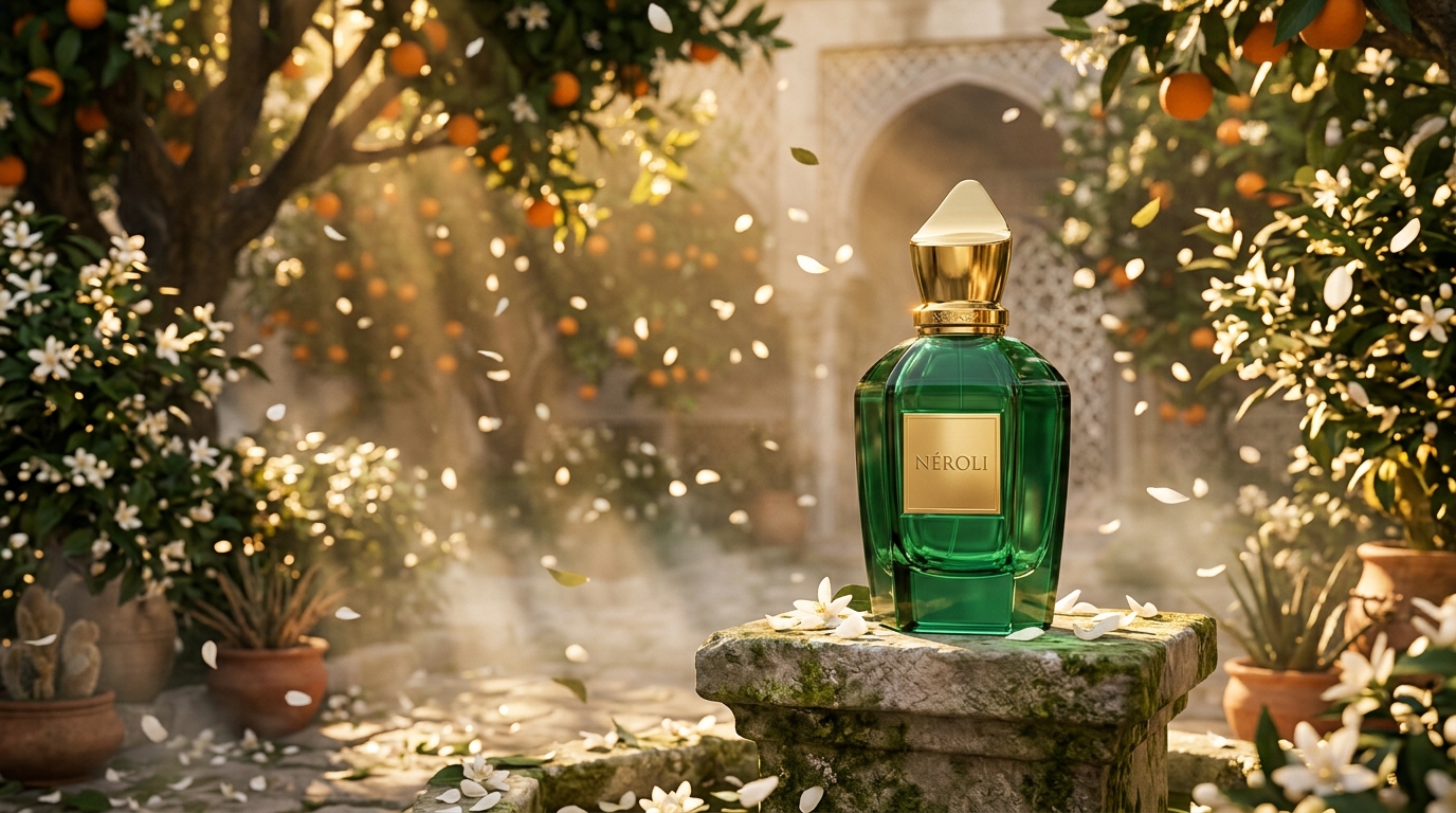 NÉROLI — parfum de luxe dans un jardin marocain de fleurs d'oranger
